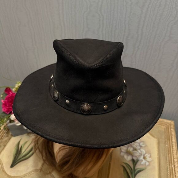Minnetonka The Outback Buffalo Nickel Hat Genuine Leather Black Sz S - Picture 2 of 16